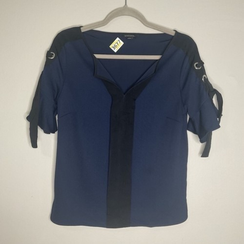 Banana Republic Navy Blue Tie/Short Sleeve Crepe Blouse Top Women XS Vietnam
